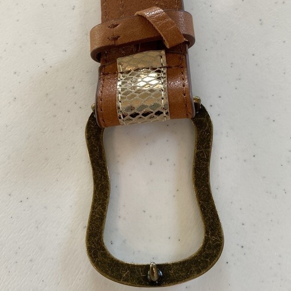 Chico\'s Shiny Gold Faux Snakeskin Brown Leather Belt Antique Brass Hook Buckle main image 7